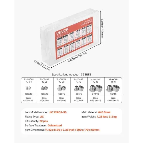 VEVOR 72-tlg. JIC-Hydraulikfittings, Industriehydraulikkappe & -stopfen, Schlauch- & Rohrfitting-Kit, Kappen- & Stopfen-Kit, Präzisionsgewinde in 37°-Schnittgrößen 4, 6, 8, 10, 12, 16 – Bild 6