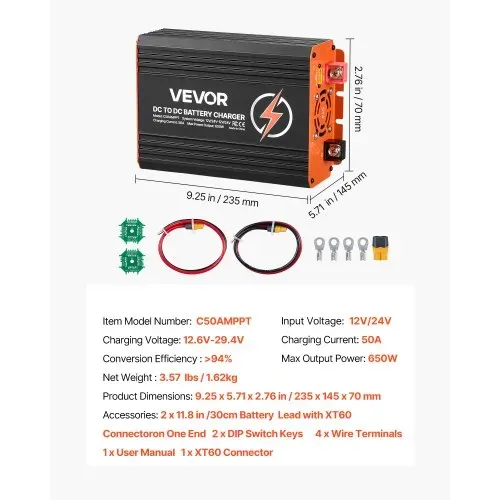 VEVOR DC-DC Batterieladegerät mit MPPT 650 W 50 A, Ladebooster Dual-Eingang für Solarpanel/Lichtmaschine, Laden für LiFePO4-Bleiakkus, 12 V/24 V-12 V/24 V, für Wohnmobil Notstromversorgung zu Hause – Bild 6
