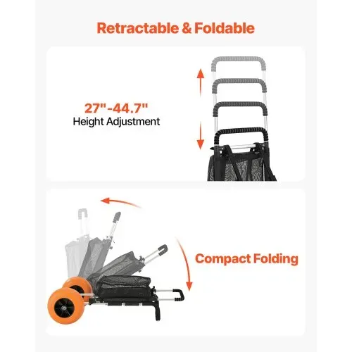 VEVOR Strandkarre Bollerwagen Sandwagen, Strandwagen 74,84 kg Tragkraft, zusammenklappbarer Sandwagen aus Aluminium 685-1135 mm einstellbare Höhe, Wagen für den Strand 76 x 39 cm Ladefläche – Bild 5