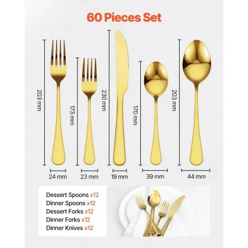 VEVOR 60 tlg. Besteckset in Gold aus lebensmittelechtem Edelstahl, hochglanzpoliertes Essbesteck-Set, spülmaschinenfestes Essgeschirr, Service für 12 Personen, inkl. Messer Gabel Löffel VEVOR 60 tlg. Besteckset in Gold aus lebensmittelechtem Edelstahl, hochglanzpoliertes Essbesteck-Set, spülmaschinenfestes Essgeschirr, Service für 12 Personen, inkl. Messer Gabel Löffel