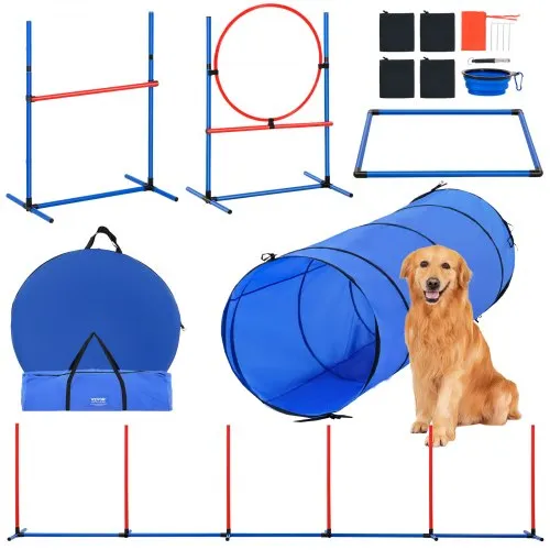 VEVOR Hunde-Agility-Trainingsausrüstung, 5-teiliges Set mit verstellbaren hohen Hürden, 6 Slalomstangen, Tunnel, Sprungring, Pausenbox, Pfeife, faltbarer Schüssel, Hindernisparcours-Set für Welpen mit Aufbewahrungstaschen VEVOR Hunde-Agility-Trainingsausrüstung, 5-teiliges Set mit verstellbaren hohen Hürden, 6 Slalomstangen, Tunnel, Sprungring, Pausenbox, Pfeife, faltbarer Schüssel, Hindernisparcours-Set für Welpen mit Aufbewahrungstaschen