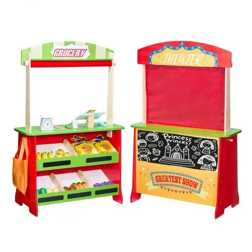 VEVOR 2-in-1 Spielset Puppentheater aus Holz mit Vorhängen, Kaufmannsladen, doppelseitiges Holzspiel mit Tafel und Registrierkasse, Marktstand zum Rollenspiel für Kinder ab 3 Jahren – Bild 7