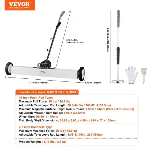 VEVOR 36-Zoll-Magnetkehrmaschine mit Rädern, 55 lbs Kapazität, mit ausziehbarem magnetischem Aufnahmewerkzeug, verstellbarem Griff, magnetischer Aufnahmekehrmaschine zum Aufnehmen von Nägeln und Schrauben, für Werkstatt, Garage, Hof – Bild 6