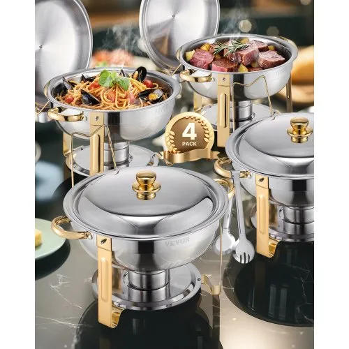VEVOR Chafing Dish Buffet Speisenwärmer mit 4 Behältern in voller Größe (4,7 L pro), runder Catering-Wärmespender mit Deckel & Wasserpfanne & klappbarer Ständer, für Hochzeiten Partys Golden VEVOR Chafing Dish Buffet Speisenwärmer mit 4 Behältern in voller Größe (4,7 L pro), runder Catering-Wärmespender mit Deckel & Wasserpfanne & klappbarer Ständer, für Hochzeiten Partys Golden