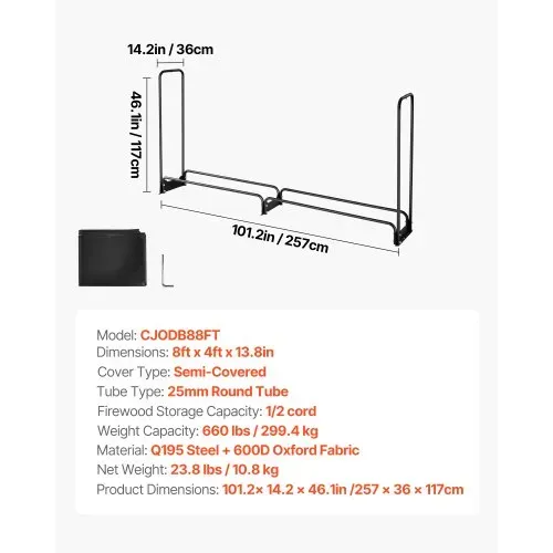 VEVOR Metall Kaminholzregal, 257x36x117 cm Brennholzregal, Kaminholzunterstand aus Metall, max. Tragkraft 300 kg, Feuerholzregal, Kaminholzlager, Stapelhilfe für Veranden, Terrassen, Gärten – Bild 6