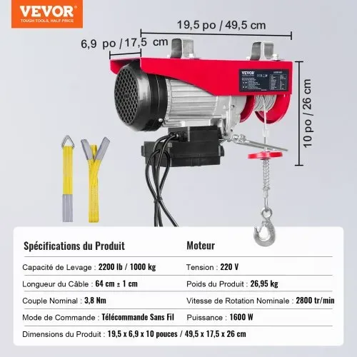 VEVOR 230V Elektrische Seilwinde 500kg bis 1000kg Hubhöhe 12m Seilzug Motorwinde 1600W Motor Flaschenzug 10m/min Hubgeschwindigkeit Hebezug mit Kabelloser Fernbedienung Seilhebezug Kettenzug – Bild 6