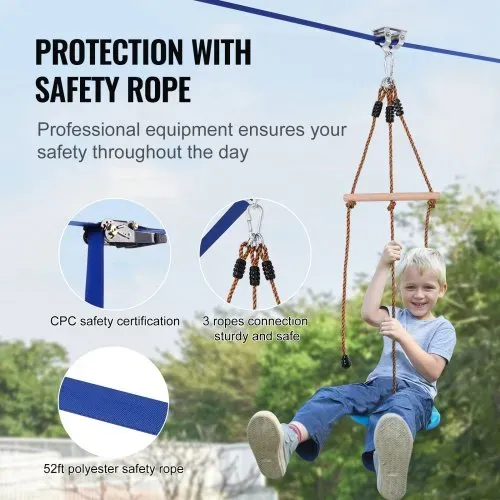 VEVOR Zipline für Kinder & Erwachsene, 16,7 m Zipline-Sets bis zu 150 kg, Seilrutschen für den Außenbereich im Hinterhof, Spielplatzunterhaltung mit Zipline, Nylon-Sicherheitsgurt & Zubehörsatz – Bild 3