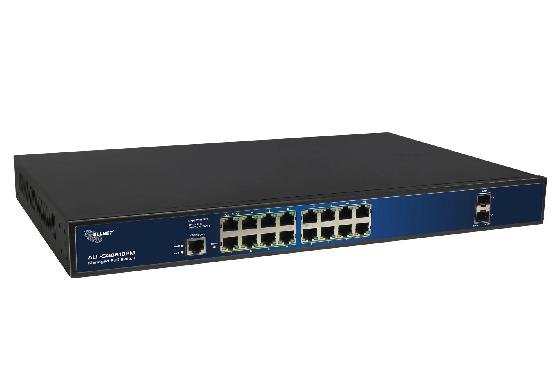 ALLNET Switch full managed Layer2+ 18 Port • 16x GbE • PoE Budget 280W • 16x PoE at • 2x SFP • 19" • Lüfterlos • JSON API • ALL-SG8618PM – Bild 2