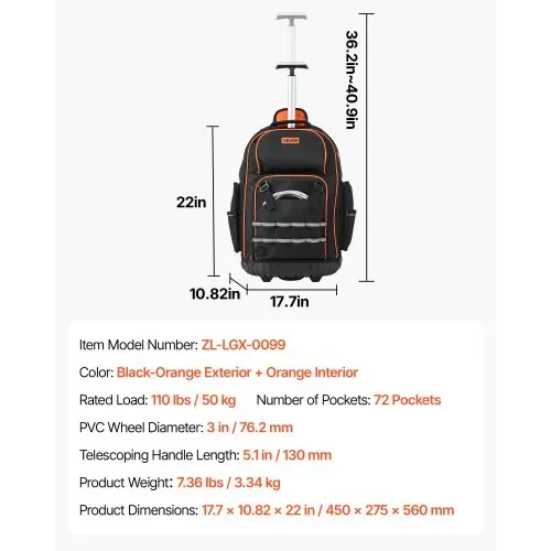 VEVOR Werkzeugrucksack mit Rollen, 50 kg Tragkraft, 72 Taschen, Werkzeugtasche, verstellbarer Teleskopgriff & stabile Basis, Arbeitsrucksack-Organizer für Bau & Mechanik, 450x275x560 mm – Bild 6