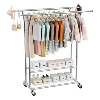 VEVOR Kleiderständer Garderobenständer rollbar mit 2 Kleiderstangen & 2 Ablageflächen, bis 120 kg belastbar, höhenverstellbarer Kleiderständer aus Karbonstahl für Schlafzimmer Waschküche VEVOR Kleiderständer Garderobenständer rollbar mit 2 Kleiderstangen & 2 Ablageflächen, bis 120 kg belastbar, höhenverstellbarer Kleiderständer aus Karbonstahl für Schlafzimmer Waschküche