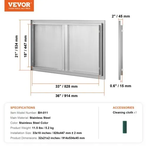 VEVOR Grill-Zugangstür, 914 x 534 mm, Doppelte Außenküchentür, Flächenbündig Montierte Edelstahltür, Vertikale Wandtür mit Versenkbaren Griffen, für Grillinsel, Grillstation, Außenschrank – Bild 6