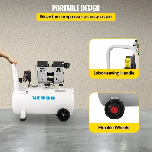 VEVOR Flüsterkompressor 50 L, Leise Ölfrei Kompressor 750 W, Ölfrei Luftkompressor 65 dB, Druckluftkompressor 230 V, Silent Druckluft Kessel 170 L / min Abgasvolumen, mit Eingebautem Abluftventilator – Bild 4