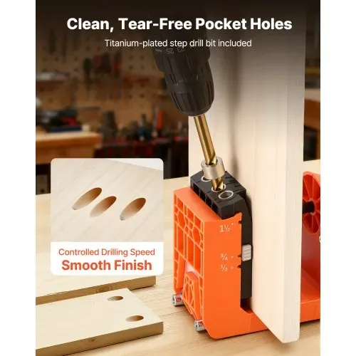 VEVOR Pocket Hole Jig, Taschenloch-Bohrschablone Set, 12,7, 19, 38,1 mm, 360° Drehbarer Griff, 260 Schrauben, C-Klemme, Anschlagring, Bohrer, Einfaches Spannen & Einstellen, Für Holzbearbeitung – Bild 3