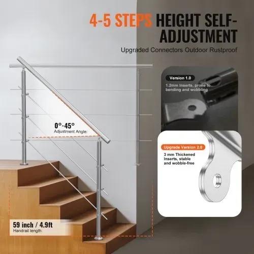 VEVOR Handläufe für Außentreppen, 150 cm Länge, 3 Querstangen, Treppenhandlauf-Set, Übergangsgeländer aus Edelstahl mit Montagesatz, doppelsäulige Treppenhandläufe für Senioren, Veranda und Terrasse – Bild 2