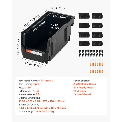 VEVOR Stapelboxen, 276x140x130 mm (8er-Pack), Sichtlagerboxen, Lagerboxen, Sichtlagerkasten zum Organisieren & Aufbewahren von Kleinteilen, Bürobedarf & anderem Zubehör, Schwarz – Bild 6