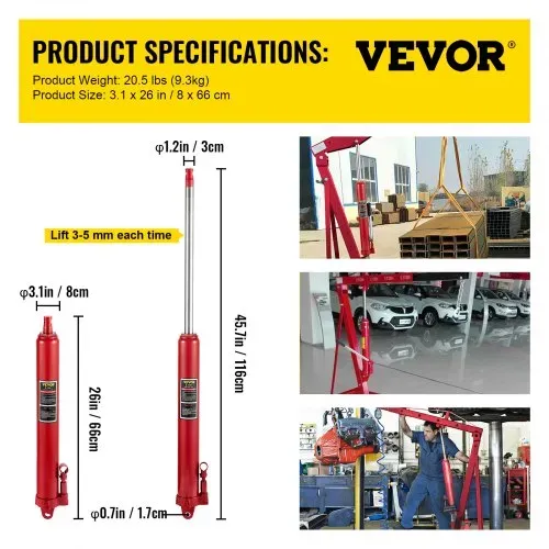 VEVOR Hydraulischer langer Rammenheber, 3 t Kapazität, mit Einzelkolbenpumpe & Gabelkopfsockel, manueller Hubarbeitsbühnenheber mit Griff, für Garagen-/Ladenkräne, Motorhebebühne, rot – Bild 6