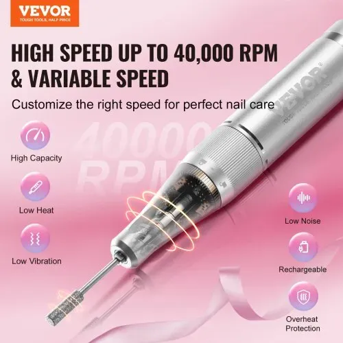 VEVOR Elektrischer Nagelbohrer, tragbarer E-Nagelfräser mit 40.000 U/min, Acryl-Gel-Schleifwerkzeug mit LCD-Display und 6 Bits und 50 Schleifbändern für Maniküre, Pediküre, Schnitzen und Polieren VEVOR Elektrischer Nagelbohrer, tragbarer E-Nagelfräser mit 40.000 U/min, Acryl-Gel-Schleifwerkzeug mit LCD-Display und 6 Bits und 50 Schleifbändern für Maniküre, Pediküre, Schnitzen und Polieren