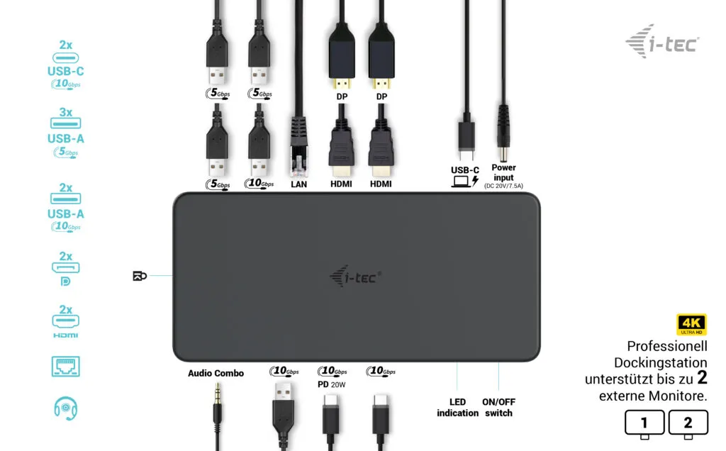 i-tec USB 3.0 / USB-C / Thunderbolt 3 Professional Dual 4K Display Docking Station Generation 2 + Power Delivery 100W – Bild 5