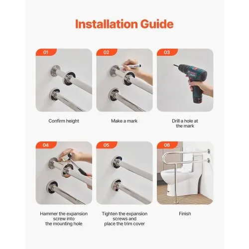 VEVOR Aufstehhilfe Toilette, 780x76x800 mm, Wandstützgriff für Behinderte, Handikap Haltegriff aus Edelstahl 304, mit Anti-Rutsch-Griff, Sicherheitshandlauf mit Stützbein & Tragkraft 136 kg – Bild 3