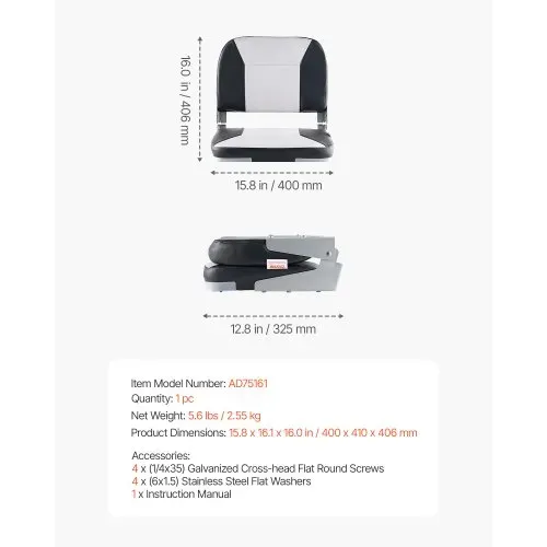 VEVOR 1 Stk. Bootssitz Bootsstuhl mit niedriger Rückenlehne klappbarer Fischerbootsitz mit dickem Schwammkissen & wasserdichtem PVC-Leder, Scharniere aus Aluminiumlegierung, Schwarz & Grau – Bild 6