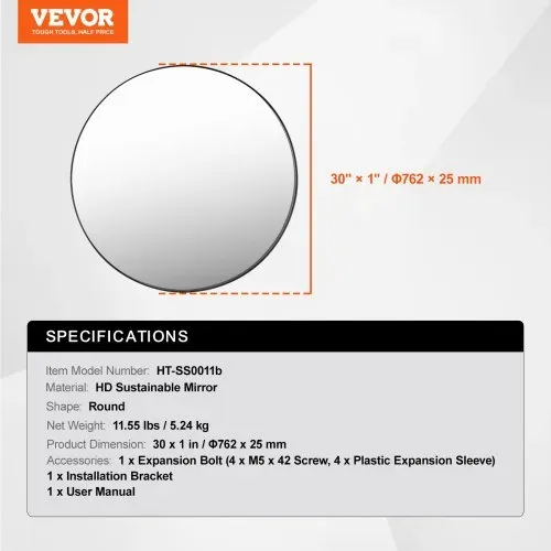 VEVOR Wandspiegel Schminkspiegel Badezimmerspiegel 762 mm Durchmesser 3,81 mm dick runder Spiegel, Rahmen aus Aluminiumlegierung Spiegel mit Z-förmiger Halterung für Badezimmer Schlafzimmer Diele – Bild 6