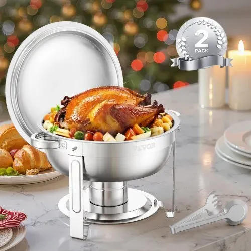VEVOR Chafing Dish Buffet Speisenwärmer mit 2 Behältern in voller Größe (4,7 L pro), runder Catering-Wärmespender mit Deckel & Brennstoffhalter & Wasserpfanne, für Hochzeiten Partys Silber – Bild 7