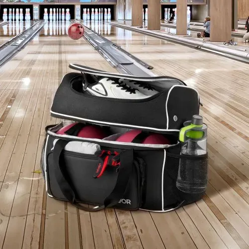 VEVOR Bowlingballtasche für 2 Bälle mit vier Rollen & separatem Fach für Schuhe (bis US-Größe 16) & übergroßer Zubehörtasche, einziehbarer Griff lässt sich auf 95 cm ausziehen Schwarz – Bild 7