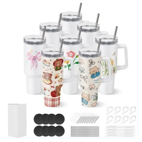 VEVOR Sublimationsbecher 8 Stk. (1183 mL), Sublimationstumblers aus Edelstahl mit Deckeln & Strohhalm & Griff, Doppelwandige Isolierte Sublimationsrohlinge für Individuelle DIY-Gestaltung Geschenke – Bild 8