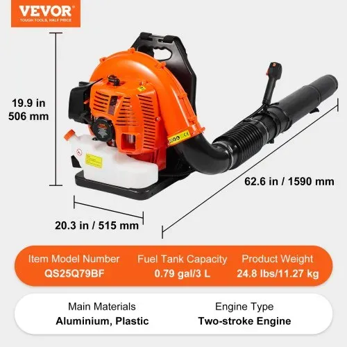 VEVOR Laubbläser als Rucksack, 79 CC 2-Takt Benzin-Laubbläser mit 3-Liter-Kraftstofftank, 930 CFM Luftvolumen, 184 MPH Geschwindigkeit, ideal für Rasenpflege, Laubreinigung und Schneeräumung – Bild 6