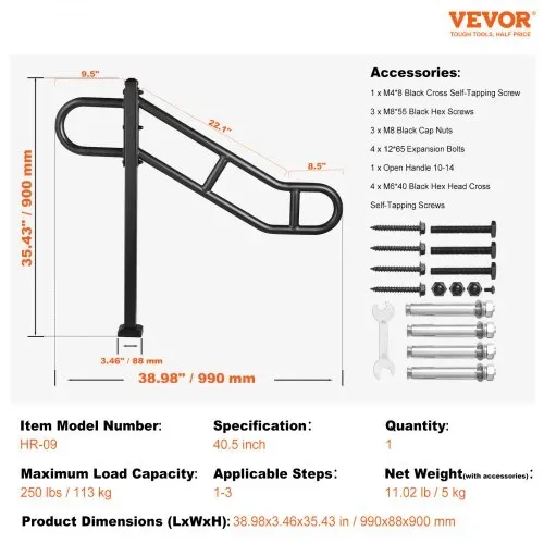 VEVOR Handlauf mit einem Pfosten für 1–3 Stufen im Außenbereich, 40,5" L x 35,4" H gebogener Treppenhandlauf aus Metall, bodenmontiertes Treppengeländer aus Karbonstahl, U-förmiger Haltegriff mit 2 rutschfesten Querstangen für die Garage – Bild 6