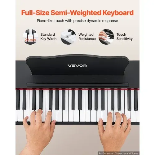 VEVOR Digitalpiano 88 Halbgewichtete Tasten mit HiFi-Lautsprechern Schwarz, E-Piano Ideal für Anfänger, mit 600 Klängen, 600 Rhythmen, USB, MIDI, Standard-3,5-mm-Kopfhörerbuchse, Notenhalter und Pedal – Bild 2