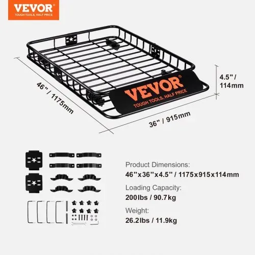 VEVOR Dachgepäckträger Korb Auto Dachkorb Universal 1175 x 915 x 114 mm, Dachgepäckträger Wanne 90 kg Tragfähigkeit Relingträger Fracht Gepäckablage Schwarz für Camping, Grillen, Autoreisen usw. – Bild 6
