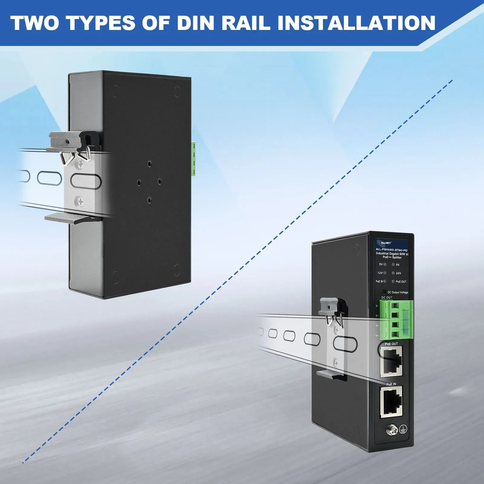 ALLNET PoE Splitter/Extractor industrial • 1x GbE PoE BT IN • 1x GbE PoE Out • 5V/9V/12V/24V adjustable • DIN-Rail • ALL-PSI104G-BT90-PD – Bild 6