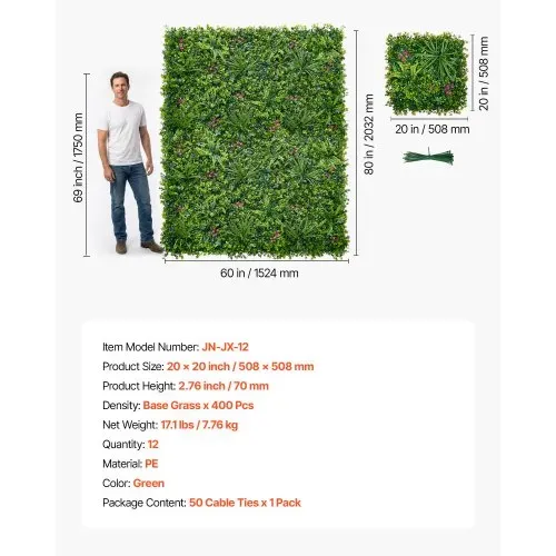VEVOR Künstliche Hecke 50x50 cm 12-tlg. Set, Pflanzenwand im 3D-Paneelstil, PE-Sichtschutz, Sichtschutzzaun, Heckenzaun, Kunstpflanzen Balkonverkleidung für Hochzeiten, Außengärten, Hinterhöfe – Bild 6