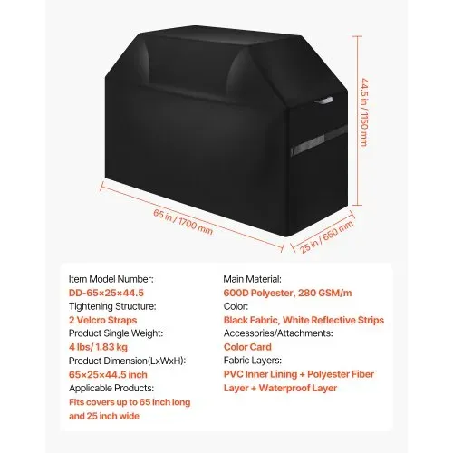 VEVOR Grillabdeckung Abdeckhaube Grillhaube (1651 mm) Abdeckplane für Außengrills, wasserdicht & wetterbeständig, strapazierfähiges 600D-Polyester, einfaches An- und Ausziehen, mit Klettbändern – Bild 6