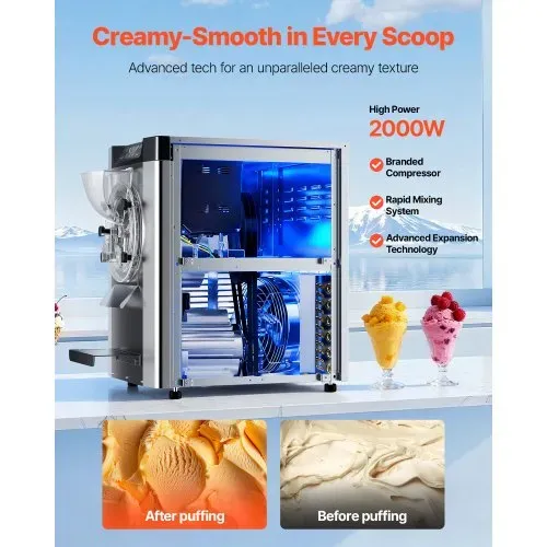 VEVOR Gewerbliche Eismaschine Eiscrememaschine 2000 W 12–20 L/h, Tischgerät für Gelato mit 6 L Edelstahlbehälter (304) & Selbstreinigendes LED-Bedienfeld für Snackbars Restaurants Silber – Bild 3