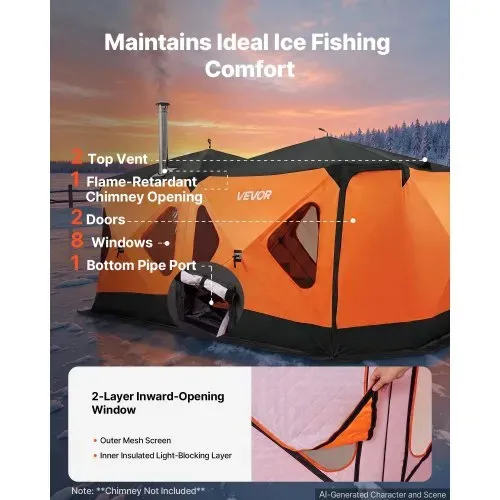 VEVOR Eisangelzelt Eisfischerzelt für 8-10 Personen 4,11x2,3x2,3 m Isoliert, fürs Winterangeln, 10,7 m² Fläche, 600D 4-Lagiges Gewebe, Tragbares Eisschutzzelt im Hub-Stil mit Ankern, Seilen, Tragetasche – Bild 5