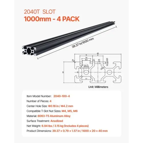 VEVOR 4er Set Aluprofil 1000 mm T-Nut 2040 Aluminium-Strangpressprofil, eloxierte Linearschiene nach europäischem Standard, Nutenprofil für 3D-Drucker, CNC-Maschine DIY, Lasergravur, Schwarz – Bild 6