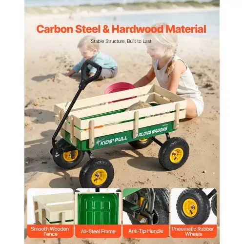 VEVOR Handwagen für Kinder, 102 cm Bollerwagen, Transportwagen mit Schiebestange, aus Holz & Metal, max. 150 kg tragbar, ideal für Kinder ab 5 Jahren, Garten, Ausflüge & Strand, Farbe Grün & Gelb – Bild 2
