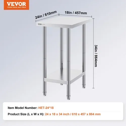 VEVOR Zubereitungstisch aus Edelstahl, robuster Arbeitstisch aus Metall mit 3 einstellbaren Höhenstufen, gewerbliche Arbeitsstation für Küche, Garage, Restaurant, Hinterhof 610 x 457 x 864 mm – Bild 6