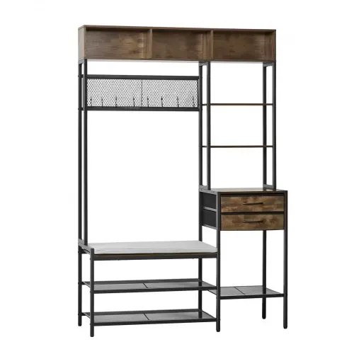 VEVOR Multifunktionale Flurgarderobe (120 x 40 x 180 cm) mit Schuhbank & 2 Schubladen, Garderobenständer mit Bücherablage & Metallgitter, Garderobe mit Stahlrahmen für Eingangsbereich Schlafzimmer – Bild 9
