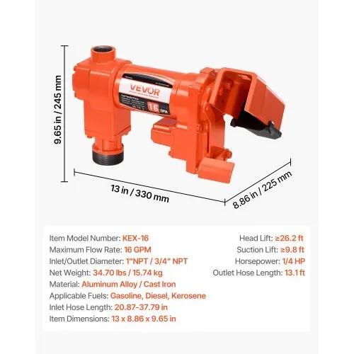 VEVOR Kraftstoff Umfüllpumpe, 12 V DC, 60,5 L/min, 1/4 PS, Diesel-Transferpumpe mit manueller Düse, Auslass- & Saugschlauch, für Benzin, Kerosin, Ethanol-Mischungen, Methanol, Biodiesel – Bild 6