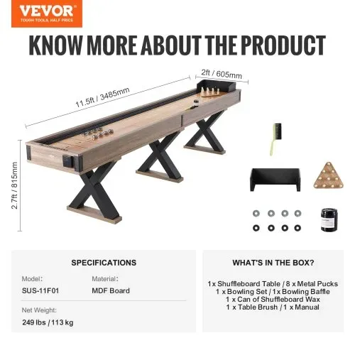 VEVOR Shuffleboard-Tisch, 11,5 Fuß Shuffleboard für Familienspielzimmer, 2-in-1-Shuffleboard- und Bowling-Kombispielset, mit kratzfestem Spielfeld, Beinen, 8 Pucks, Bowlingset, Wachs und Tischbürste – Bild 6