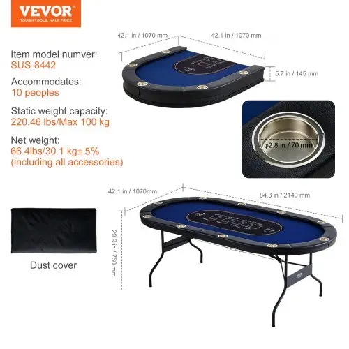VEVOR Casino Pokertisch Klappbare Tischbeine 2140 x 1070 x 760 mm (L x B x H), Faltbarer Pokertisch, Schwarz & Blau Pokerauflage Klapptisch für 10 Spieler, Pokertisch mit Staubschutzhülle Tragbar – Bild 6