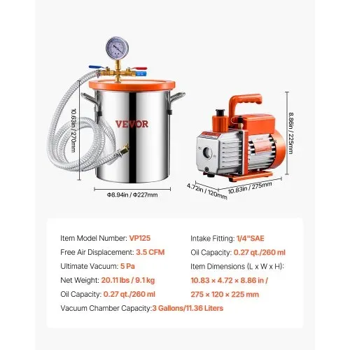 VEVOR 11,36L Vakuumkammer & 3,5 CFM Pumpe, Edelstahlkammer, einstufiges Vakuumpumpen-Entgasungskammerset, mit Acryldeckel, Öl, 1,5 m Schlauch, Vacuum Pump Kit zum Entgasen von Harz-Silikon-Epoxiden – Bild 6