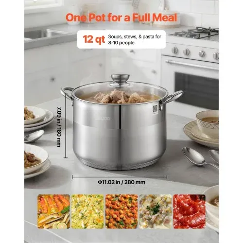 VEVOR Edelstahl Kochtopf 11,4 L Großer Suppentopf mit Glasdeckel Induktionsgeeignet Hochwertiger Nudeltopf PFOA-frei PFAS-frei für Gasherd Elektrokochfeld Ideal für Eintöpfe Pasta Familienportionen – Bild 4