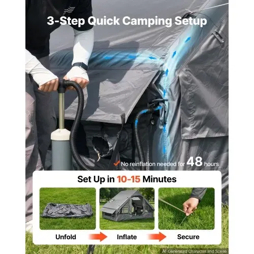 VEVOR Aufblasbares Zelt Campingzelt Luftzelt 2-4 Personen mit Pumpe Grau, für Outdoor-Aktivitäten Wasserabweisendes 420D Oxford-Gewebe Dachfenster Ofenrohrdurchführung Netzfenster & Tragetasche – Bild 2