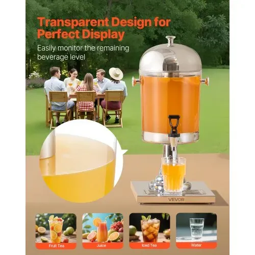 VEVOR Getränkespender (1 x 8 L) für Partys Saftspender (aus Edelstahl + Polycarbonat) mit tropfsicherem Zapfhahn & Sockel Wasserspender für Restaurants Partys, Limonade Eistee Spender – Bild 3