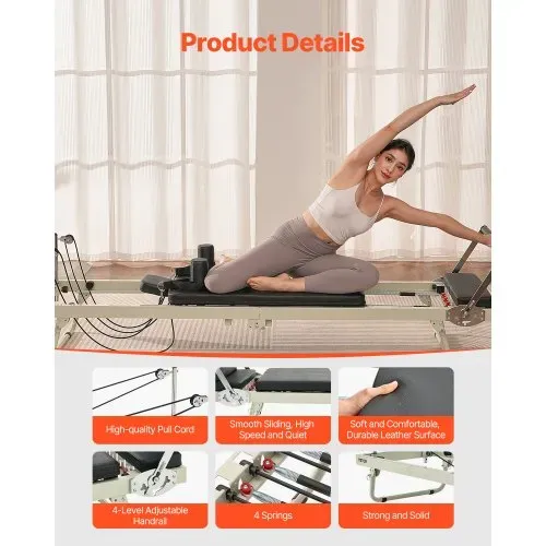 VEVOR faltbarer Pilates Reformer Trainingsgerät für den Einsatz im Heim-Fitnessstudio, Pilates-Bett mit doppeltem Widerstand – Feder & Kordel, für Fortgeschrittene und Anfänger, bis zu 181,44 kg – Bild 4