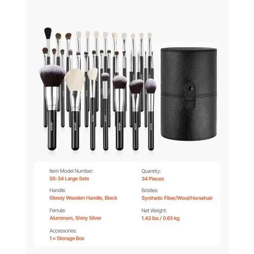 VEVOR Pinselset Makeup, 34-teilig, professionelles Schminkpinsel Set für Foundation, Lidschatten, Concealer, Rouge, mit weichen Borsten, ergonomischem Holzgriff, Reise-Aufbewahrungsetui – Bild 6